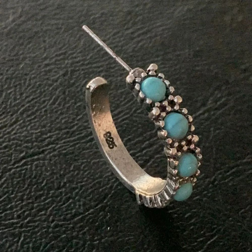 Men’s Sterling Silver Hoop Earrings with Faux Turquoise Cabochons